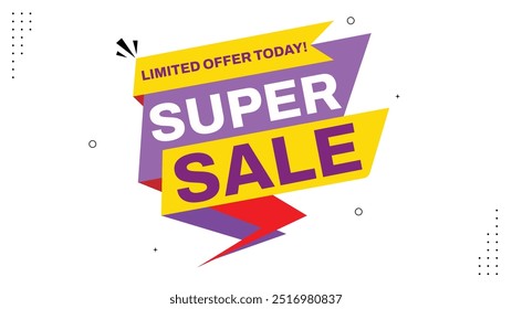 Super Sale Up to 50% Off Limited Time Offer Shop Now with Our Exclusive Banner Template Featuring Red Purple Blue Shapes and Elements on a White Background Don't Miss Out on This Amazing Deal