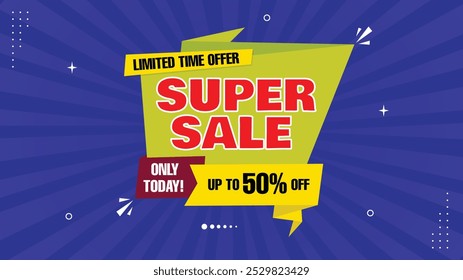 Super Sale! Up to 50% Off - Limited Time Offer Only Today Sale Banner with Element Shapes Template in Red, Black, Yellow, White Purple Gradient - Perfect Sale Background for Eye-Catching Designs