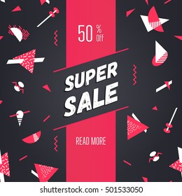 Super Sale, 50% off, modern banner in the Memphis style.