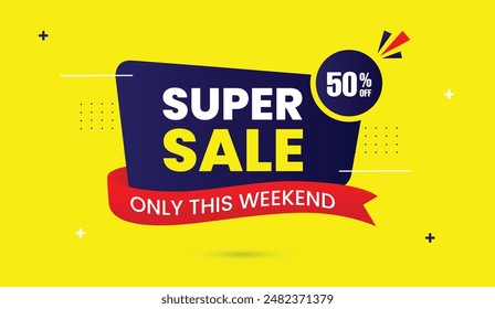 Super Sale 50% Off Only This Weekend Banner template design with a vibrant yellow background