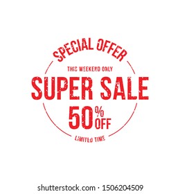 Super Sale 50% offer. Red round stamp in grunge style with texture isolated on a white background. Flat vector illustration EPS 10