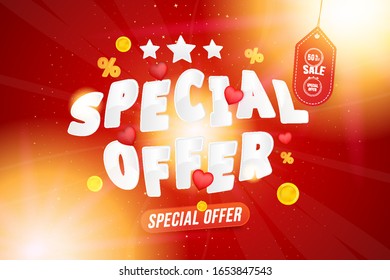 Super sale of 50% percent Special Offer. Horizontal web banner with hot discounts and original font with red hearts on a background with clouds and light effects. Flat vector illustration EPS10