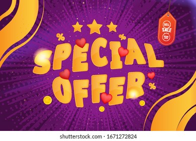 Super sale of 50% percent Special Offer. Horizontal web banner with hot discounts and original font with red hearts on a background with light effects. Flat vector illustration EPS10