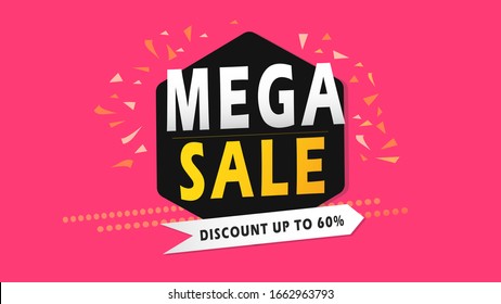 Super Sale with 60% discount and big offer with shiny pink text, website header or banner set. Vector Illustration