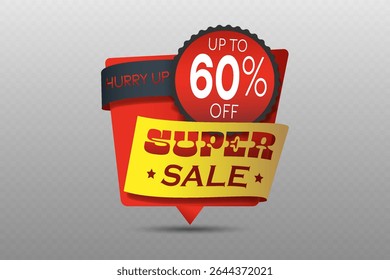 Super sale with up to 60 percent off red and yellow ribbon badge with shadow effect.