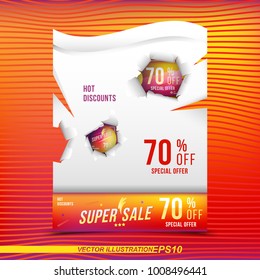 Super sale 70 discount bright rectangular poster format and flyer with torn paper. Template for design advertising and banner on colour background. Flat vector illustration EPS 10.