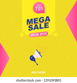 Super sale 70% off discount. Banner template for design advertising and poster with colors elements and loudspeaker on white background. Flat vector illustration EPS 10.
