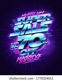 Super sale up to 70% off, massive discounts, hurry up, vector banner design, metallic lettering