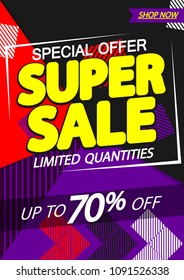 Super Sale, up to 70% off, poster design template, vector illustration