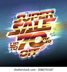 Superventa hasta un 70% fuera del diseño de banner vectorial web, grabado 3D metálico