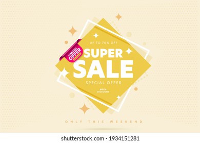 Super sale up to 70 percent off mega discount limited offer. Only this weekend wholesale bargain promo big banner template with geometric design element vector illustration on pastel yellow copy space