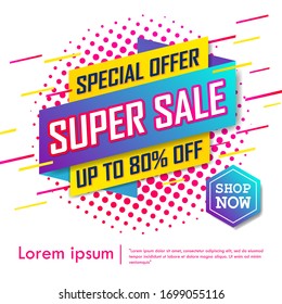 SUPER SALE and up to 80% off banner background. special offer promotion and discount clearance for online marketing. design advertisement template concept. vector illustration