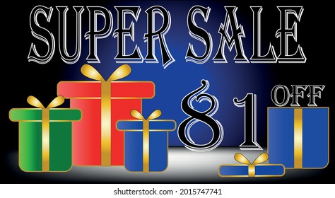 Super sale 81% off. Red, blue, green, black. Discount banner with gift symbols. vector with title and gift box for promotions and discounts.