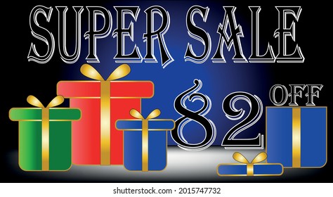Super sale 82% off. Red, blue, green, black. Discount banner with gift symbols. vector with title and gift box for promotions and discounts.