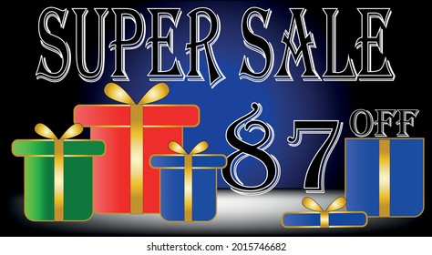 Super sale 87% off. Red, blue, green, black. Discount banner with gift symbols. vector with title and gift box for promotions and discounts.