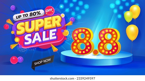 Der Superverkauf 8.8 Discount Illustration Design, Shopping Promotion, Anzeigen, Banner, Poster, Supermarkt, Shop, Mini-Mart. 