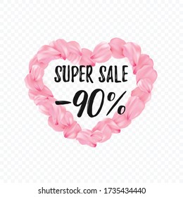 Super Sale 90 off with shape heart from pink sakura petals on transparent background. Love leaves rose discount flower card. Vector Illustration