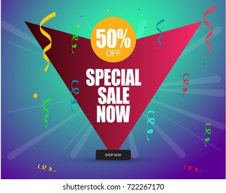 super sale announcement banner for facebook and instagram post. Special Sale Now Offer. Best Sale Template with upside down triangle. fifty percent off sale. shop now. 