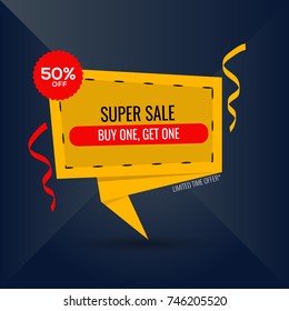 Super Sale announcement Banner for facebook and twitter post. buy one get one offer announcement. super sale label in dark yellow color on blue background. Best and Decent Super Sale Tag