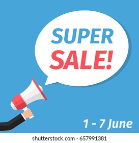 Super sale announcement, hand holding megaphone and specch bubble announcing big sale, vector eps10 illustration