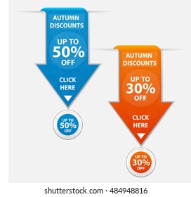 Super Sale, the arrow points to the button banner, -50%, -30% off. Vector illustration.