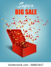 Super Sale Background. Open Red Gift Box and Confetti. Vector Illustration.