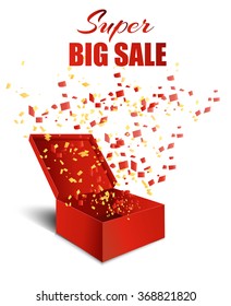 Super Sale Background. Open Red Gift Box and Confetti. Vector Illustration.