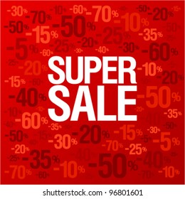 Super sale background with percent discount pattern on a bright red backdrop, fashion banner