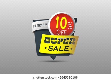 Super sale badge with 10 percent off discount in red circle and yellow ribbon. On transparent background
