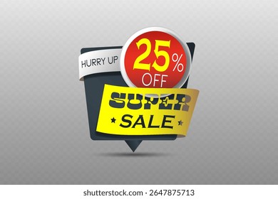 Super sale badge with 25 percent off discount in red circle and yellow ribbon. 