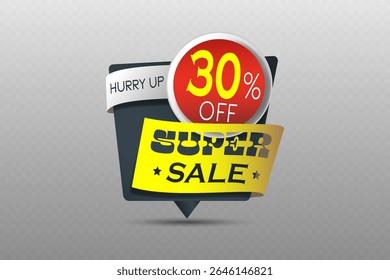 Super sale badge with 30 percent off discount in red circle and yellow ribbon