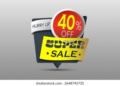 Super sale badge with 40 percent off discount in red circle and yellow ribbon. On transparent background