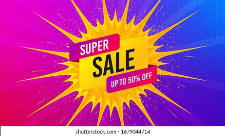 Super sale badge. Flare light flash banner. Discount banner shape. Coupon bubble icon. Gradient shape background. Promotional flyer design. Super sale promotion. Vector