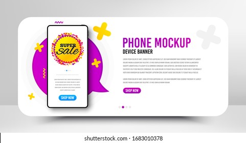 Super sale badge. Phone screen mockup banner. Discount banner shape. Coupon bubble icon. Social media banner with smartphone screen. Shopping mockup web template. Super sale promotion. Vector
