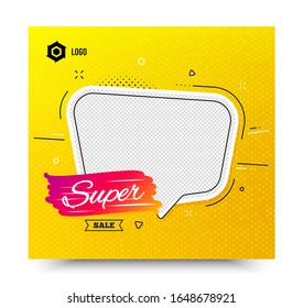 Super sale badge. Yellow banner template. Discount banner shape. Coupon bubble icon. Social media banner with chat bubble. Online shopping web template. Super sale promotion bubble. Vector