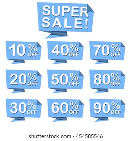 Super sale badges and banners isolated in white background from. discount 10 % to 100%