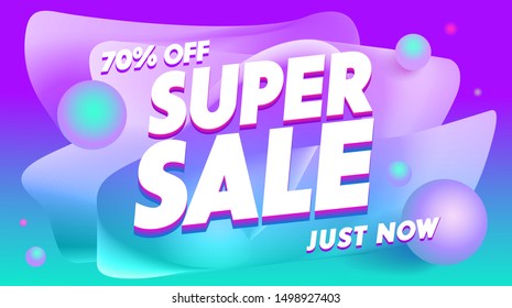 Super sale banner. 3d vector gradient shapes composition . Trendy design in blue colors. Template for poster,  flyer, Sale promotion, ad, blog, marketing, placard, web app, media. Crazy discounts.