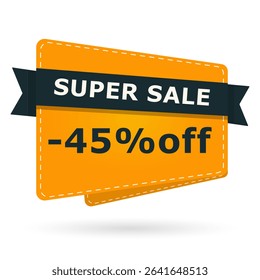Super sale banner with 45 percent off text. Bright orange card label design with percentage discount. Vector illustration for shopping, promotion and marketing