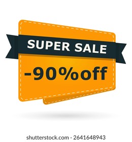 Super sale banner with 90 percent off text. Bright orange card label design with percentage discount. Vector illustration for shopping, promotion and marketing