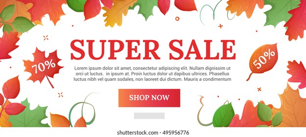 Super Sale banner. Autumn discounts in the store. Stretching for the fair. On sale now. Banner for web.