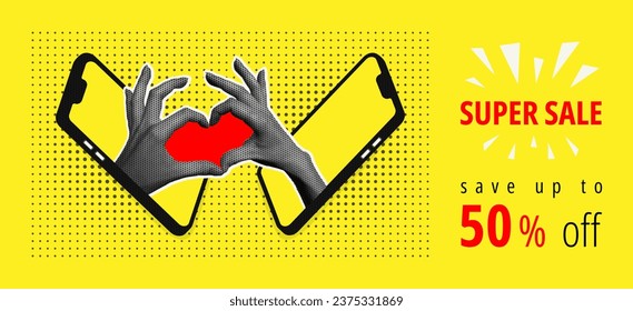 Concepto de banner de superventa. Ilustración vectorial con teléfono y manos mostrando corazón. Composición de tendencia creativa de descuento.