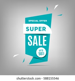 Super sale banner design. Beautiful blue discount poster, special offer tag. Badge Up To 50% off. Vector illustration, eps10
