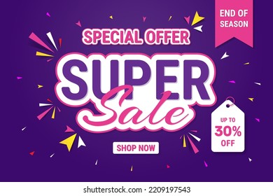 Super sale banner design for discount promotion, Up to 30% percentage off Sale. Discount offer price sign. Special offer symbol. Vector illustration of a discount tag badge