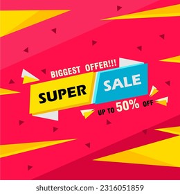 Super Sale banner design in pink background. Eye catching sale banner template with pink gradient and yellow flash. Super discount