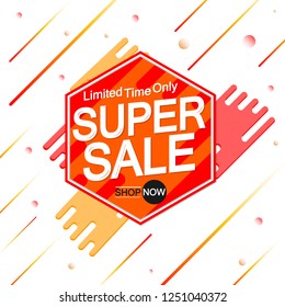 Super Sale, banner design template, discount tag, limited time only, vector illustration