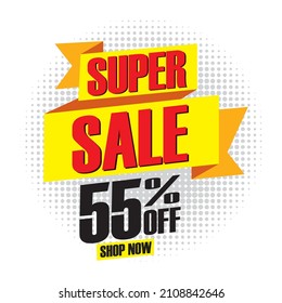 Super sale banner design template text on ribbon, up to 55% off shop now, special offer. Vector, Illustrations
