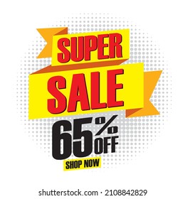 Super sale banner design template text on ribbon, up to 65% off shop now, special offer. Vector, Illustrations
