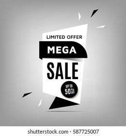 Super sale banner design. White and black discount poster, special offer tag. Badge Up To 50% off. Vector illustration, eps10