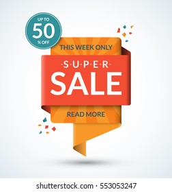 Super sale banner. Discount label. Special offer vector template. Up to 50 percent off badge or tag. Half price colorful sticker. Shopping background.