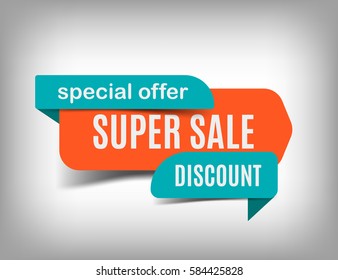 Super sale banner, discount tag, special offer. Website sticker on a gray abstract background, orange web page design. Vector illustration, eps10